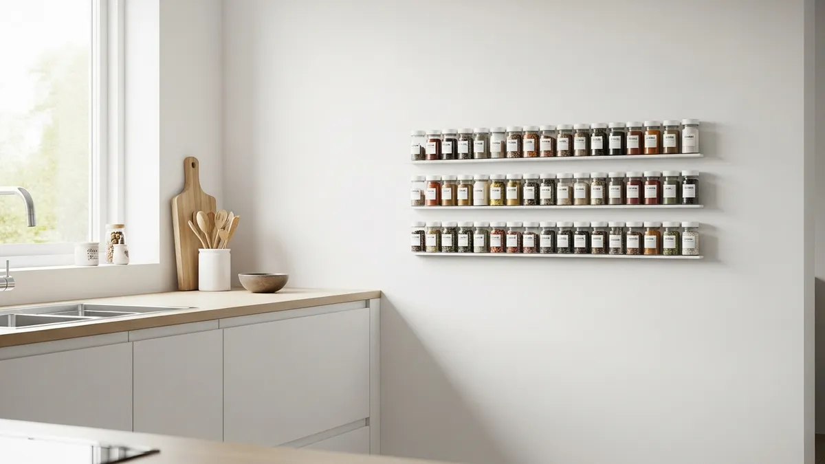 Modern organized spice rack kitchen storage solution with labeled containers