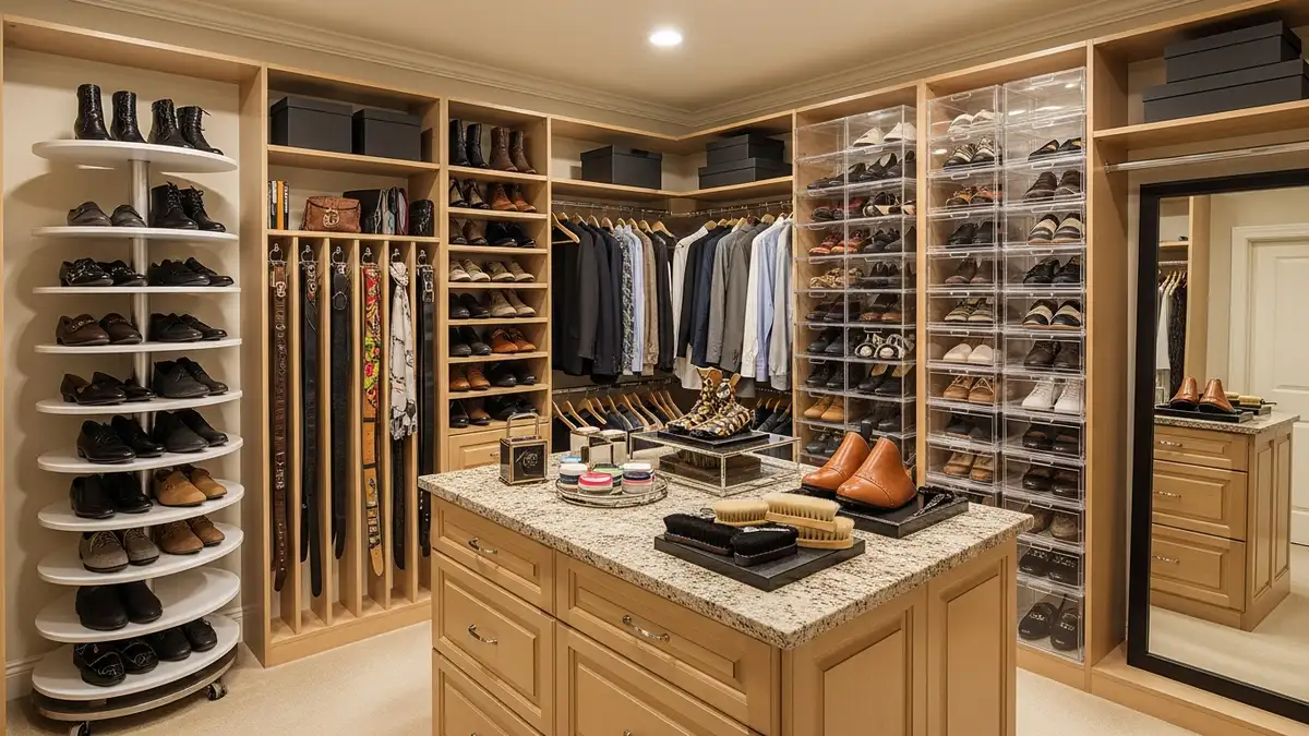 Organized walk-in closet with comprehensive shoe storage system and organizers