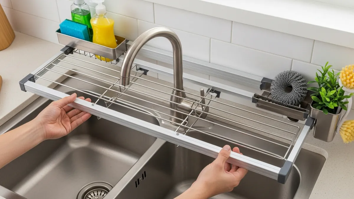 Installing expandable dish rack above sink for kitchen organization