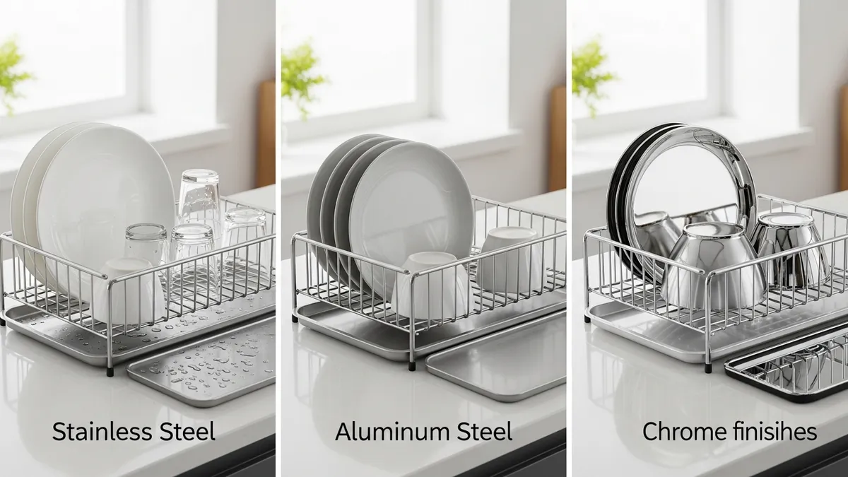 Different materials for dish racks including stainless steel and aluminum options