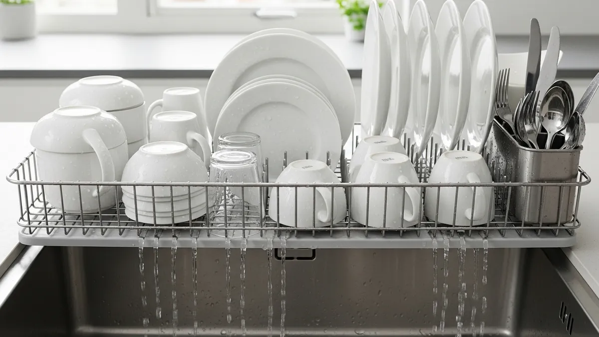 Organized dish rack above sink with clean dishes and efficient drainage