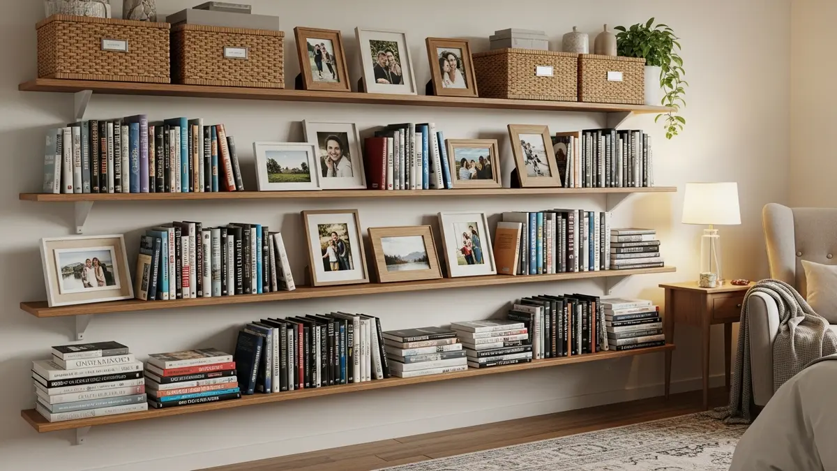 Bedroom wall shelves combining decorative display and practical storage