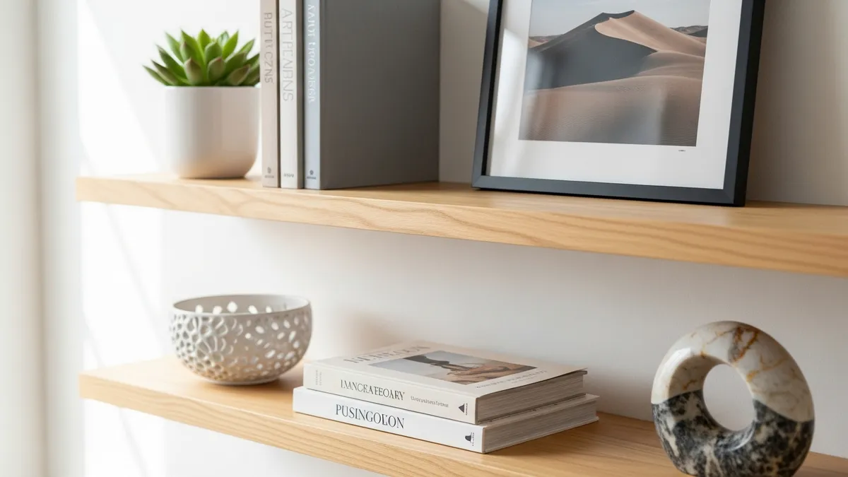 Wooden floating shelves displaying books and decorative storage containers