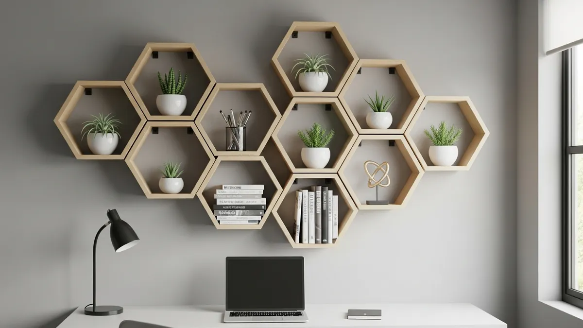 Hexagonal wall shelves arranged in geometric pattern for modern storage