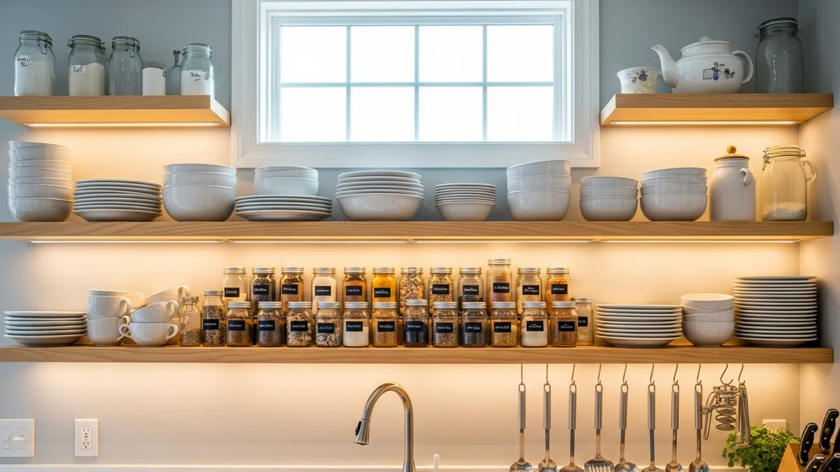 Kitchen wall shelves with organized dishes and cooking storage solutions