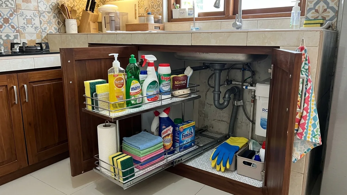 Neatly organized under-sink kitchen rack below a modern kitchen sink