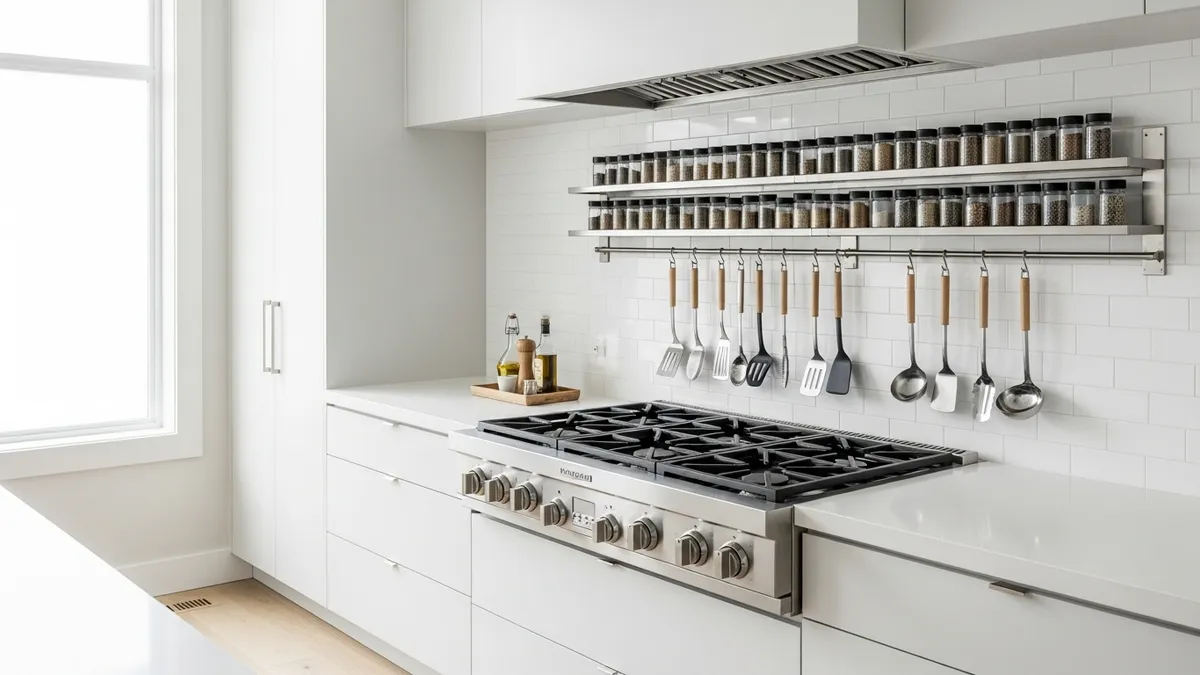 Organized stove rack system in modern kitchen with heat-resistant shelving and cooking essentials
