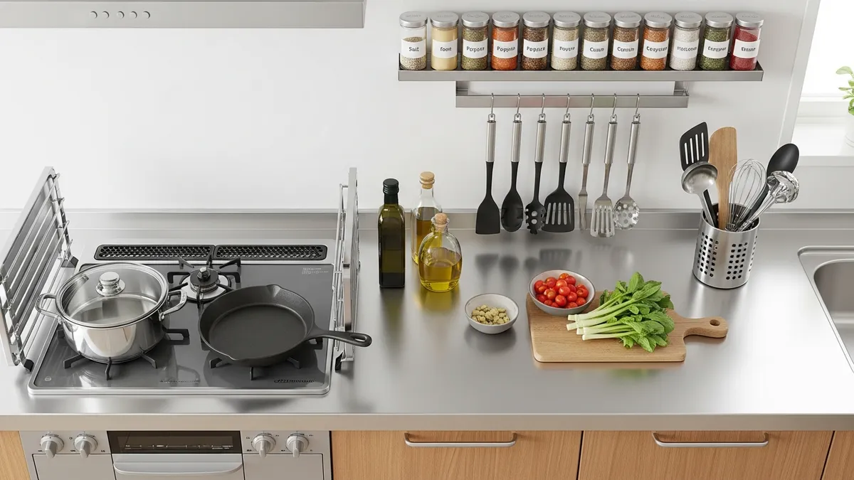 Well-organized cooking station showing effective stove rack organization and spice storage