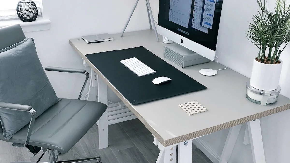 Well-organized desk with various modern shelves and organizers