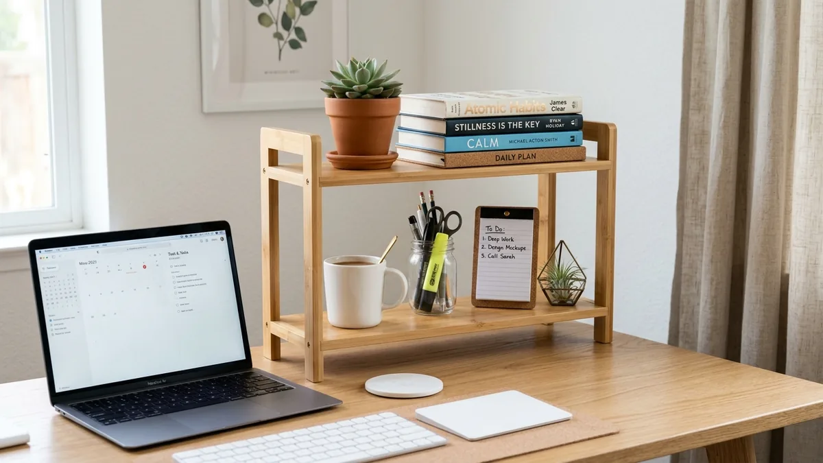 Various types of desk shelves and organizers for home office