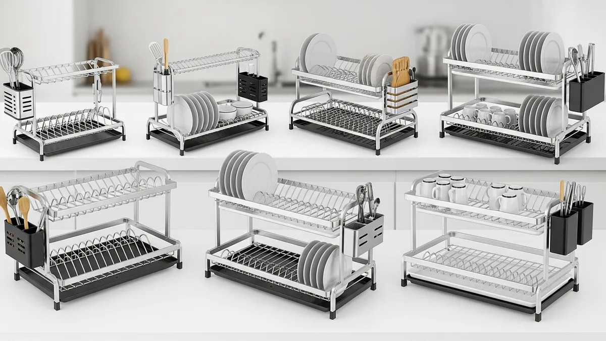 Comparison of latest aluminum dish rack models showing different features and sizes