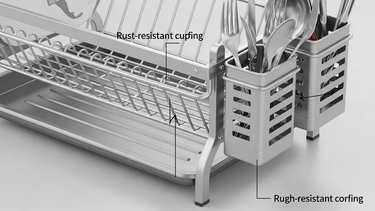 Close-up view of premium aluminum dish rack features including drainage and storage compartments