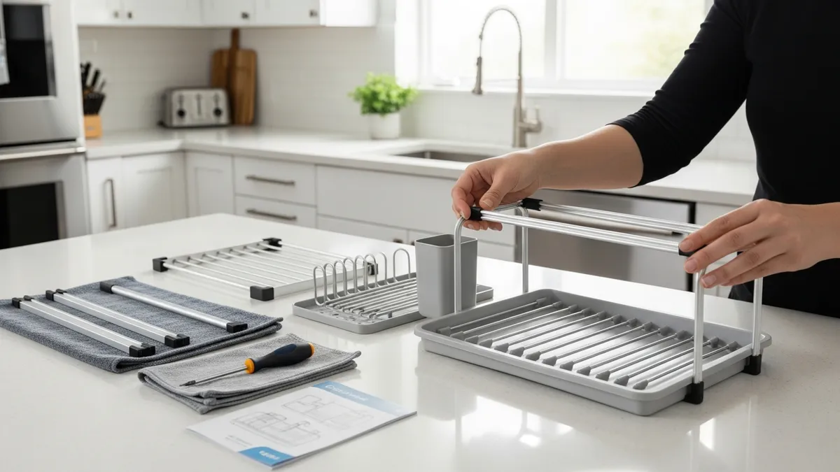 Installation guide showing how to set up aluminum dish rack in kitchen