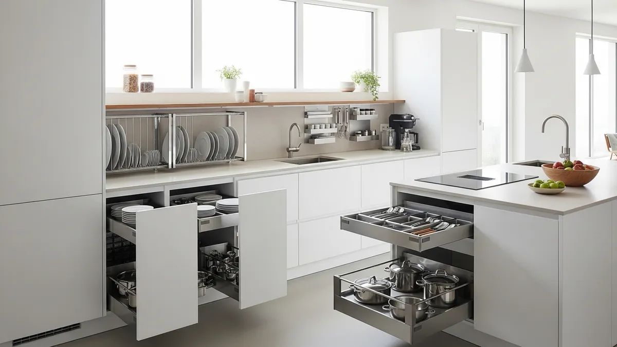 Built-in kitchen plate racks with pull-out drawers in modern minimalist kitchen