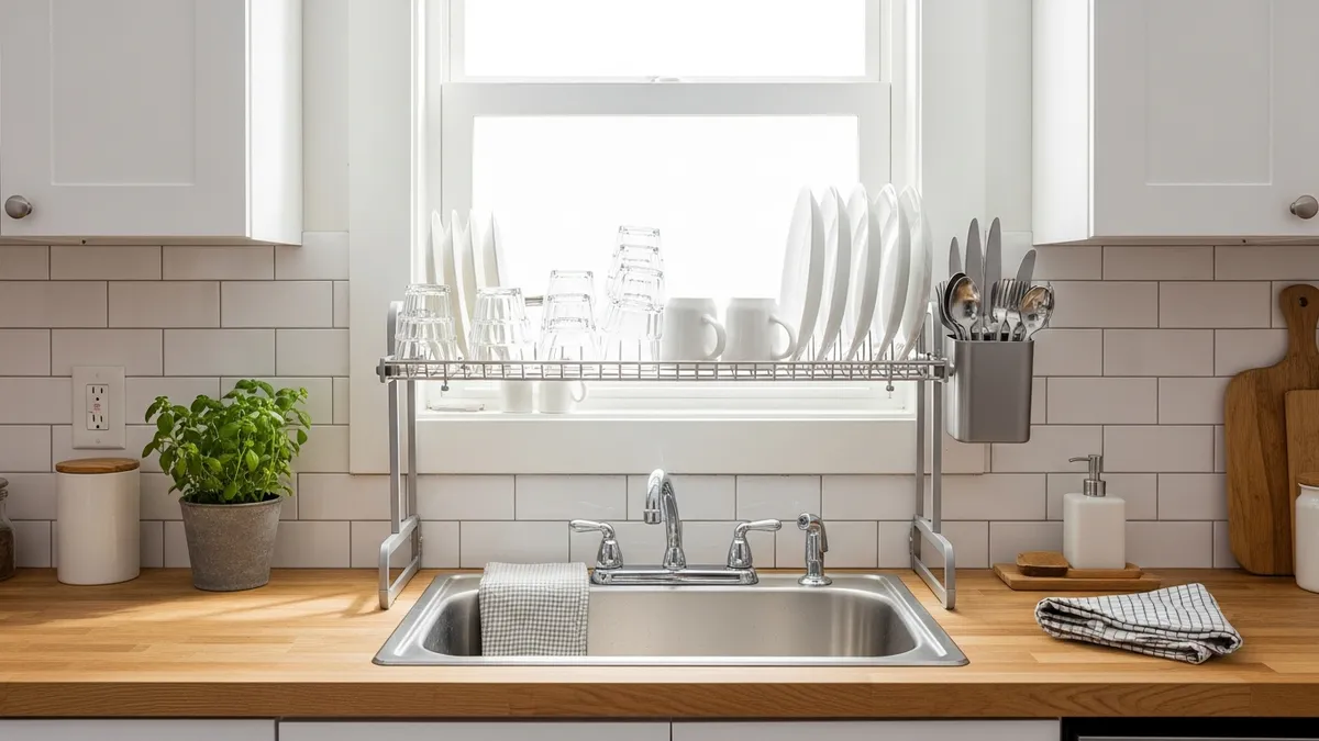 Space-saving over-sink dish rack in small apartment kitchen organized and clutter-free