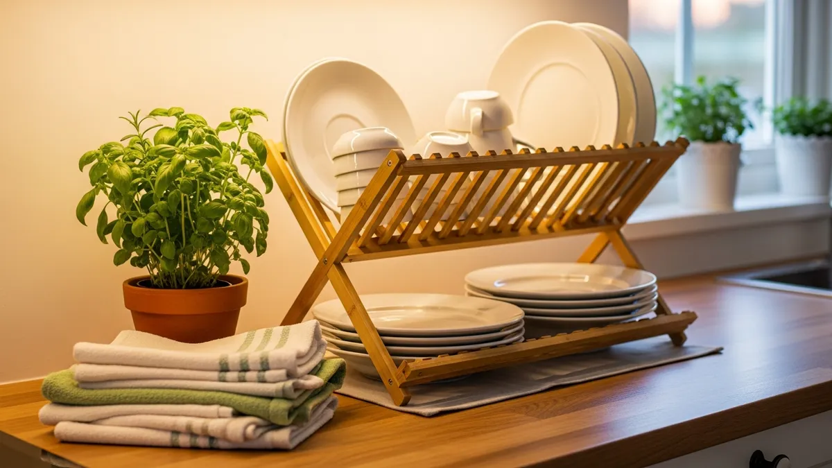 Two-tier dish rack on kitchen countertop with herbs and folded towels lifestyle kitchen setup