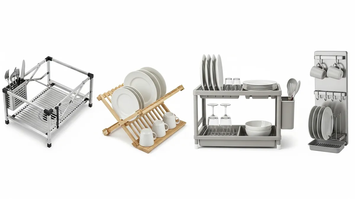 Four types of kitchen dish racks compared stainless steel wooden plastic and wall-mounted