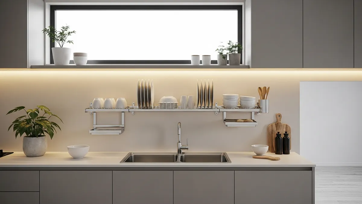 Stainless steel sink dish rack in minimalist Indonesian kitchen