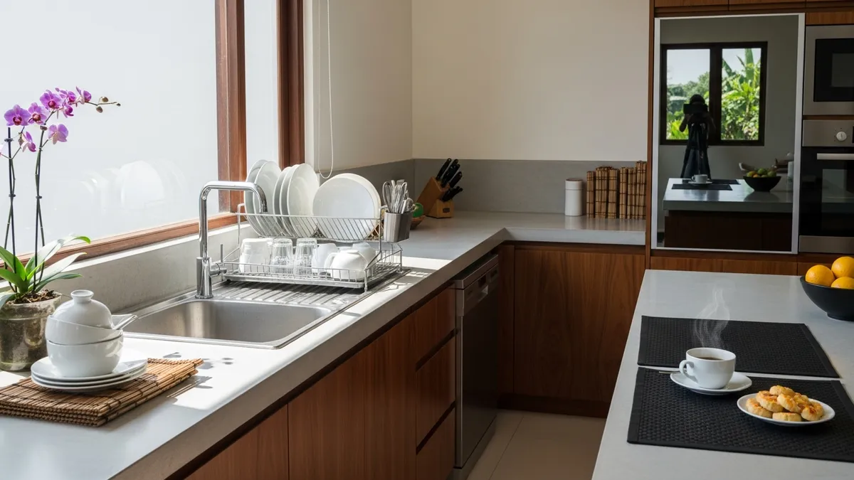 Modern stainless steel dish rack in minimalist Indonesian kitchen