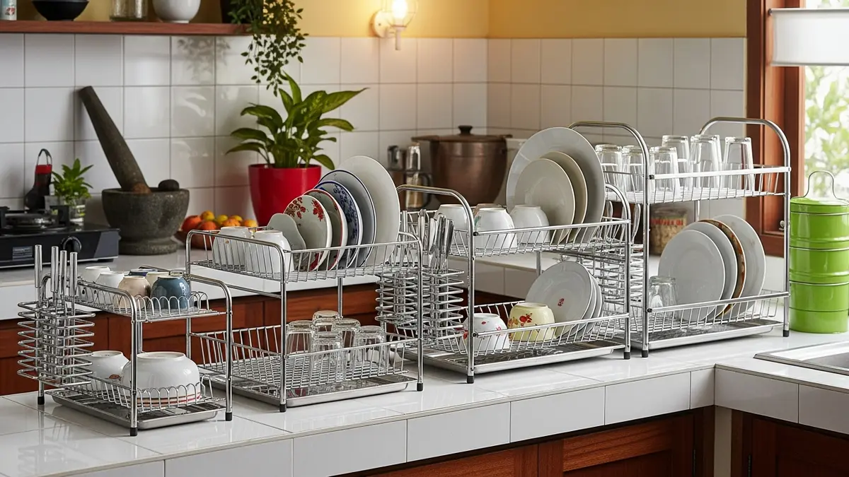 Various stainless steel dish racks in different sizes