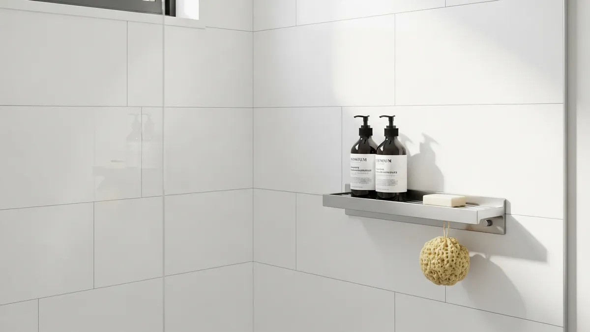 Stainless steel bathroom soap rack mounted on modern shower wall with soap bottles