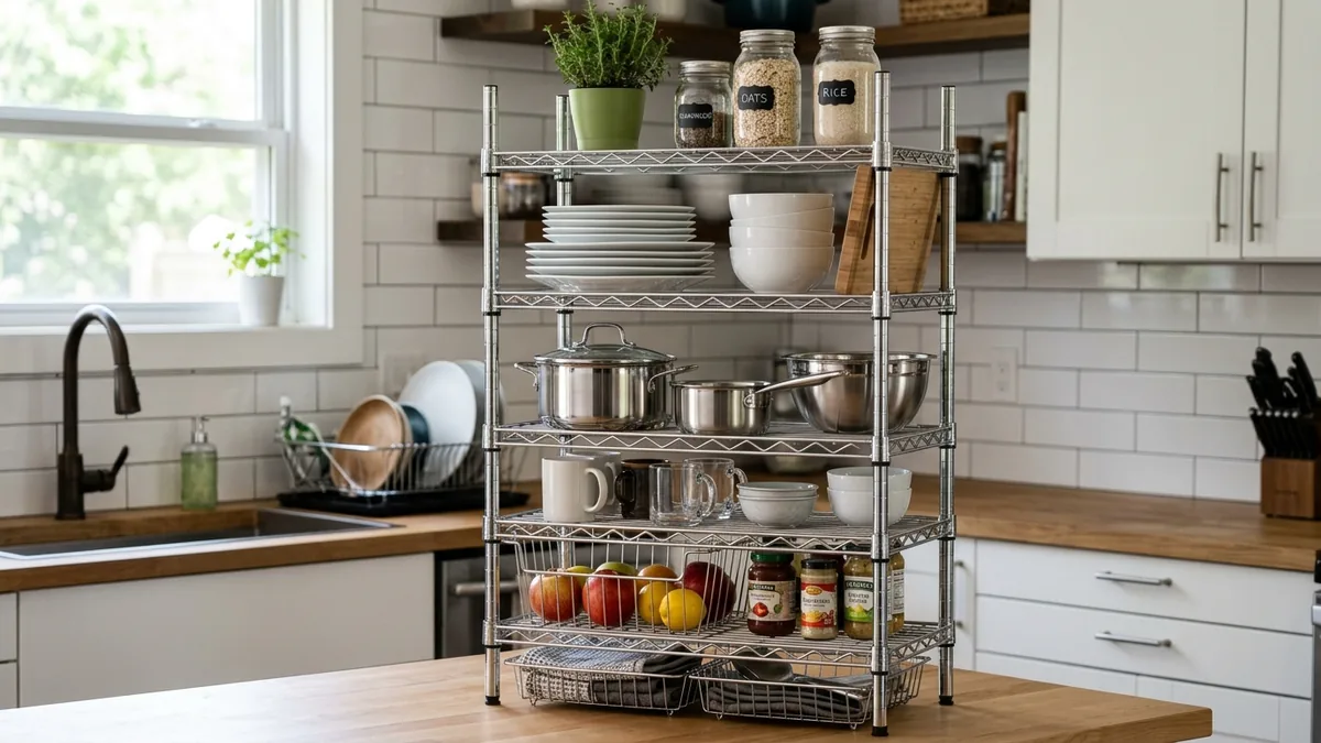 Modern stainless steel kitchen rack with various utensils neatly organized