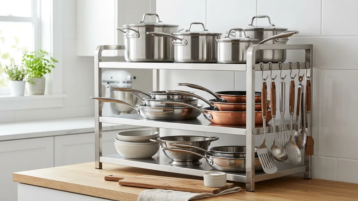 Various types of stainless steel kitchen racks with different price ranges