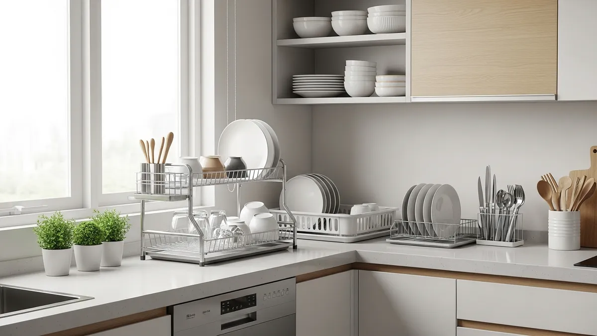 Various types of modern plate racks in a neat and organized Indonesian kitchen