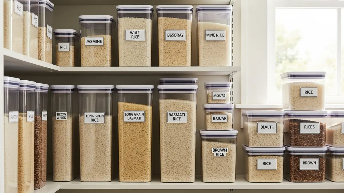 Organized pantry with labeled rice food storage containers showing different rice varieties