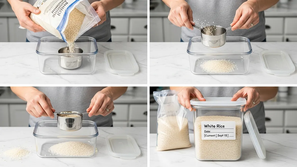 Proper rice storage technique showing transfer from bag to airtight food storage container