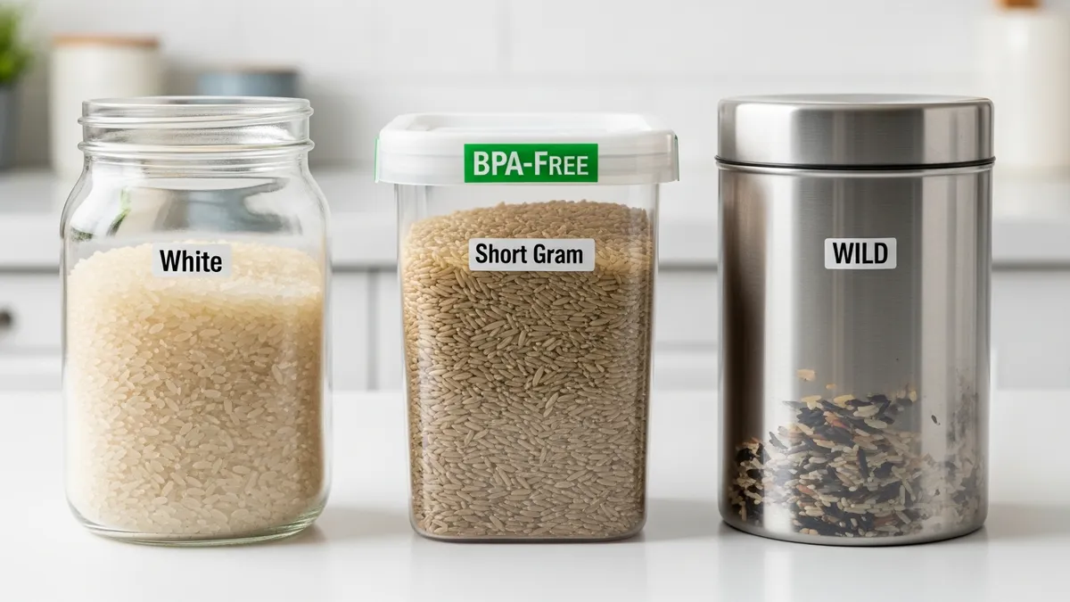Comparison of different rice food storage container materials including glass plastic and stainless steel
