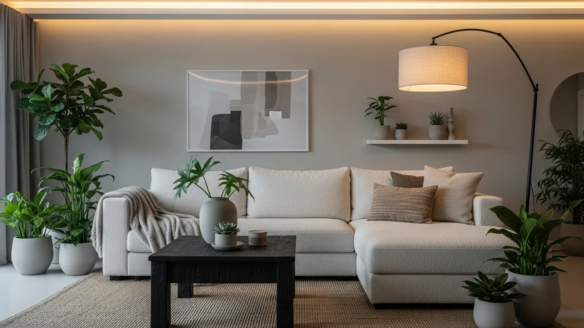 Modern aesthetic living room decor with neutral colors and statement pieces