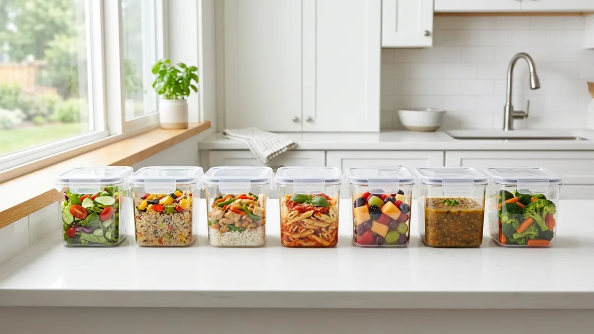 Crystal-clear stackable plastic food storage containers with locking lids arranged on a modern kitchen countertop