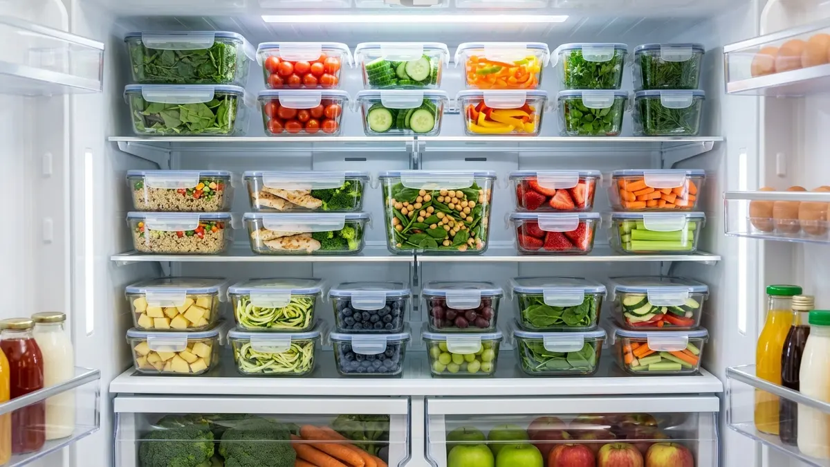 Organized refrigerator shelves stacked with clear plastic food storage containers of multiple sizes holding fresh food