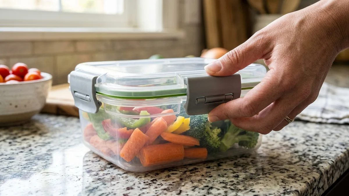 Four-sided snap-lock lid on a clear plastic food storage container pressed securely closed