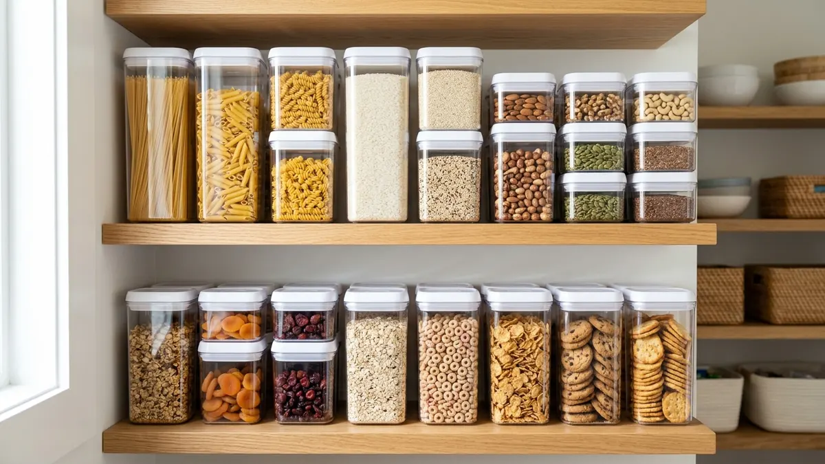 Organized pantry shelf with clear plastic food containers filled with dry goods and neatly stacked