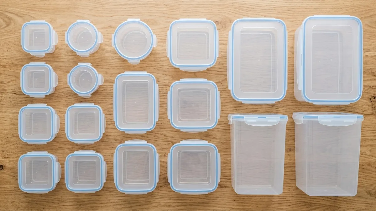 Flat-lay of different-sized clear plastic containers with secure lids arranged on a light wooden surface