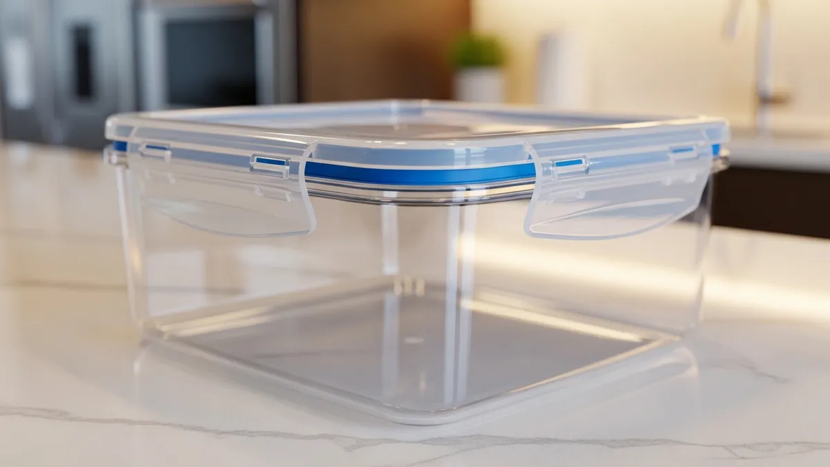 Close-up of Rubbermaid Brilliance container featuring crystal-clear Tritan plastic and secure lid