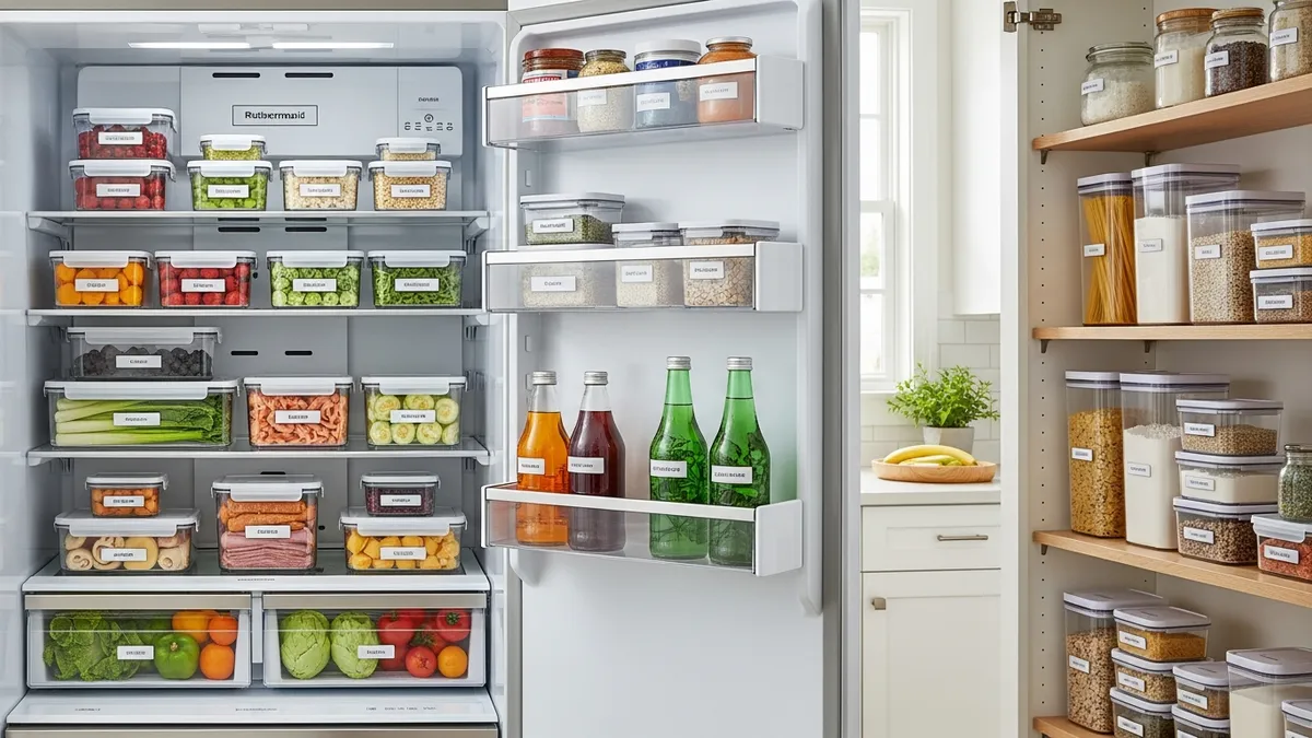 Organized refrigerator and pantry with stackable Rubbermaid Brilliance food storage containers