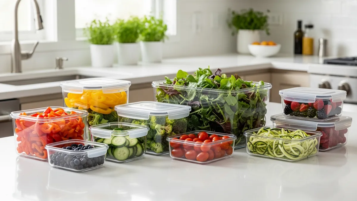Rubbermaid food storage containers organized on kitchen counter with fresh ingredients