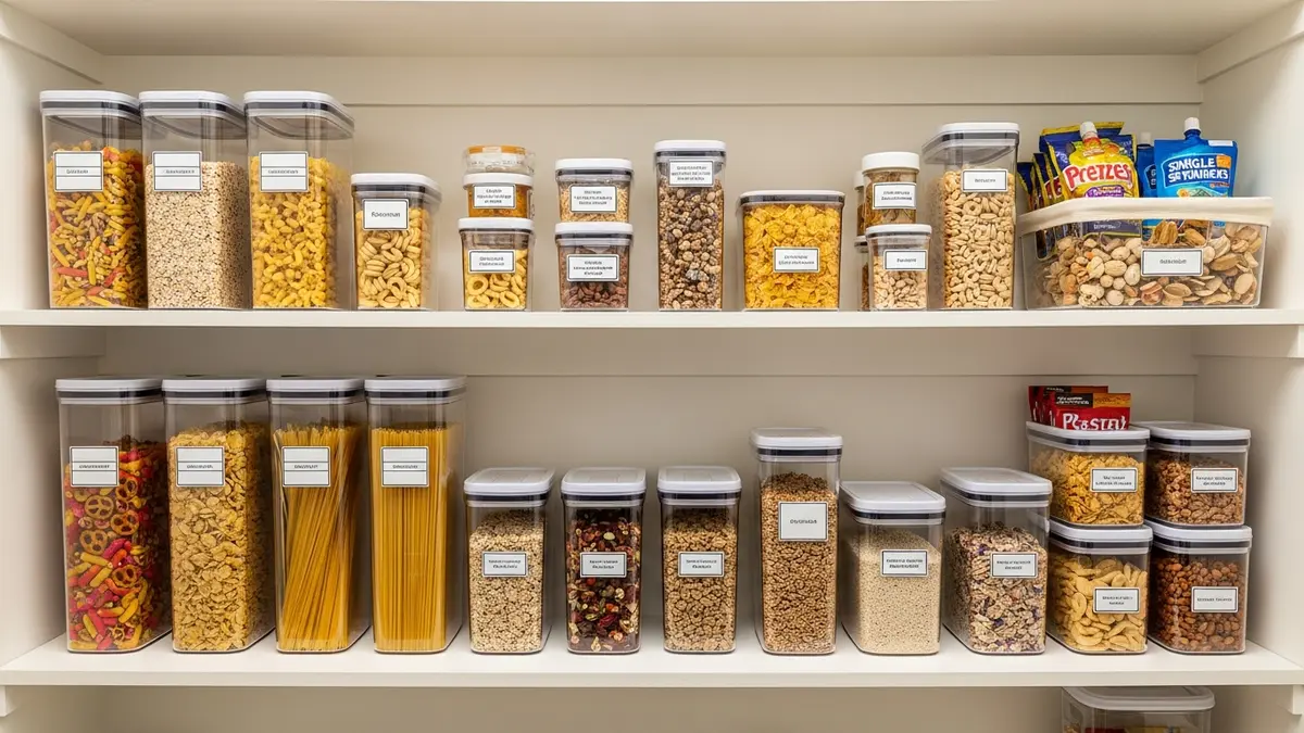 Organized pantry with Rubbermaid food storage containers for dry goods and snacks