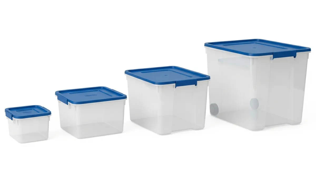 Different sizes of Rubbermaid food storage containers showing capacity options