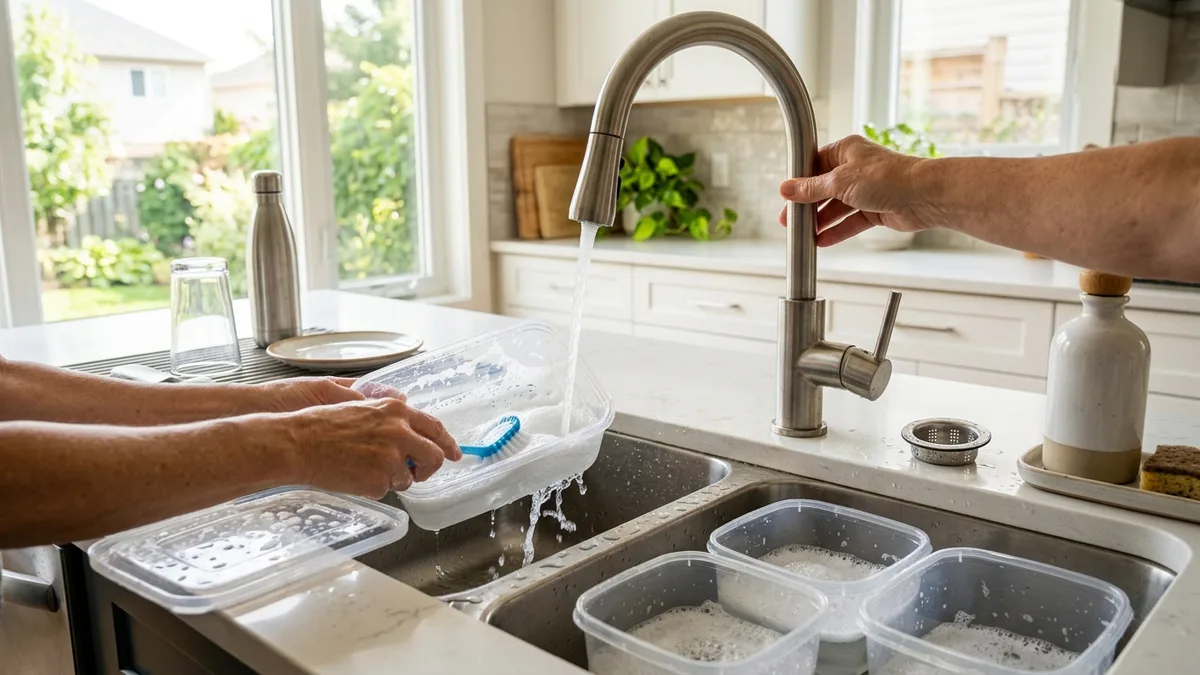 Clear plastic food storage containers being cleaned and rinsed at a kitchen sink with soapy water