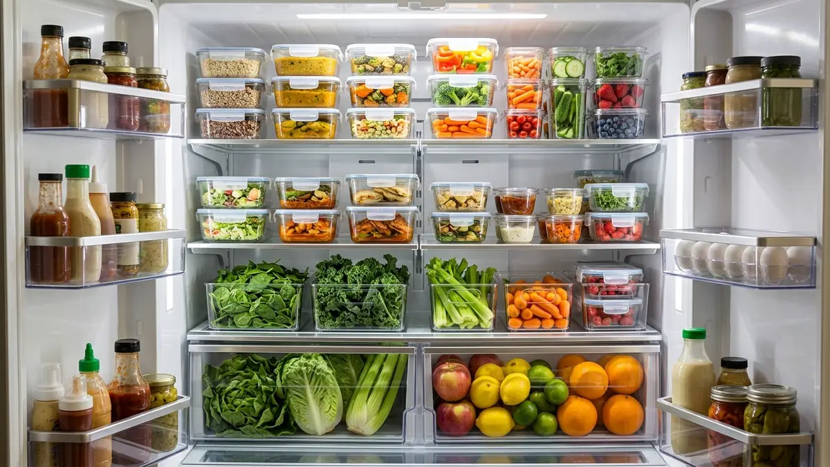 Organized refrigerator with clear plastic food storage containers stacked on shelves holding prepped vegetables and leftovers