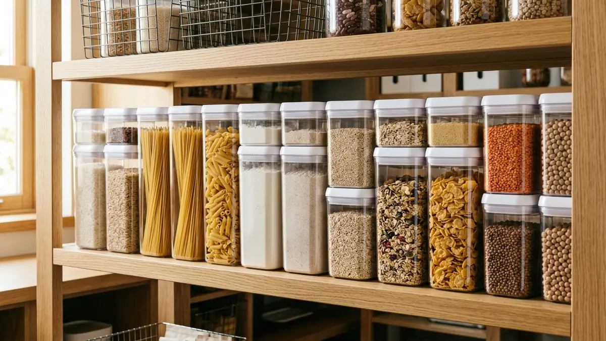 Kitchen pantry shelf with clear airtight plastic containers holding dry goods like rice pasta and flour in an organized arrangement
