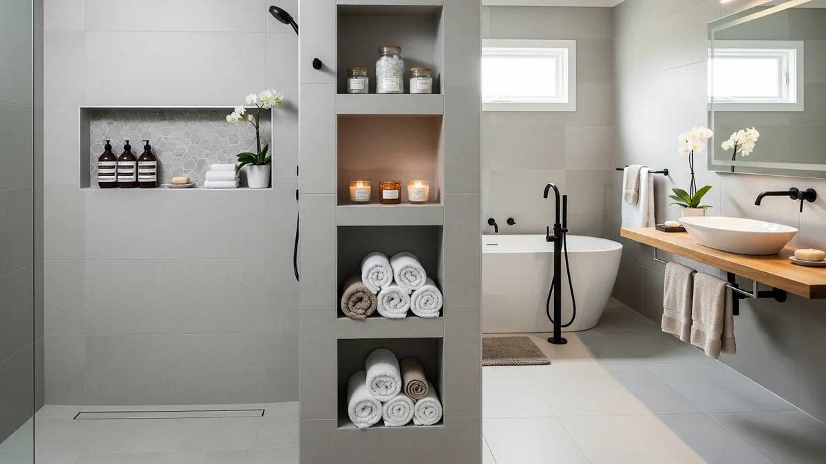 Bathroom recessed wall shelves and niche storage solutions