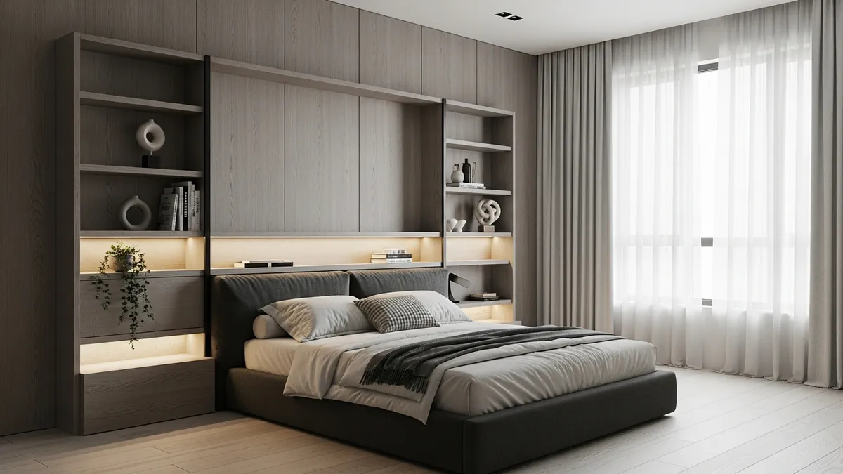 Bedroom wall niche shelving ideas showing built-in storage solutions