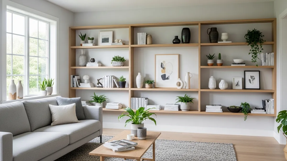 Modern built-in wall shelves in living room showcasing creative shelf in wall ideas