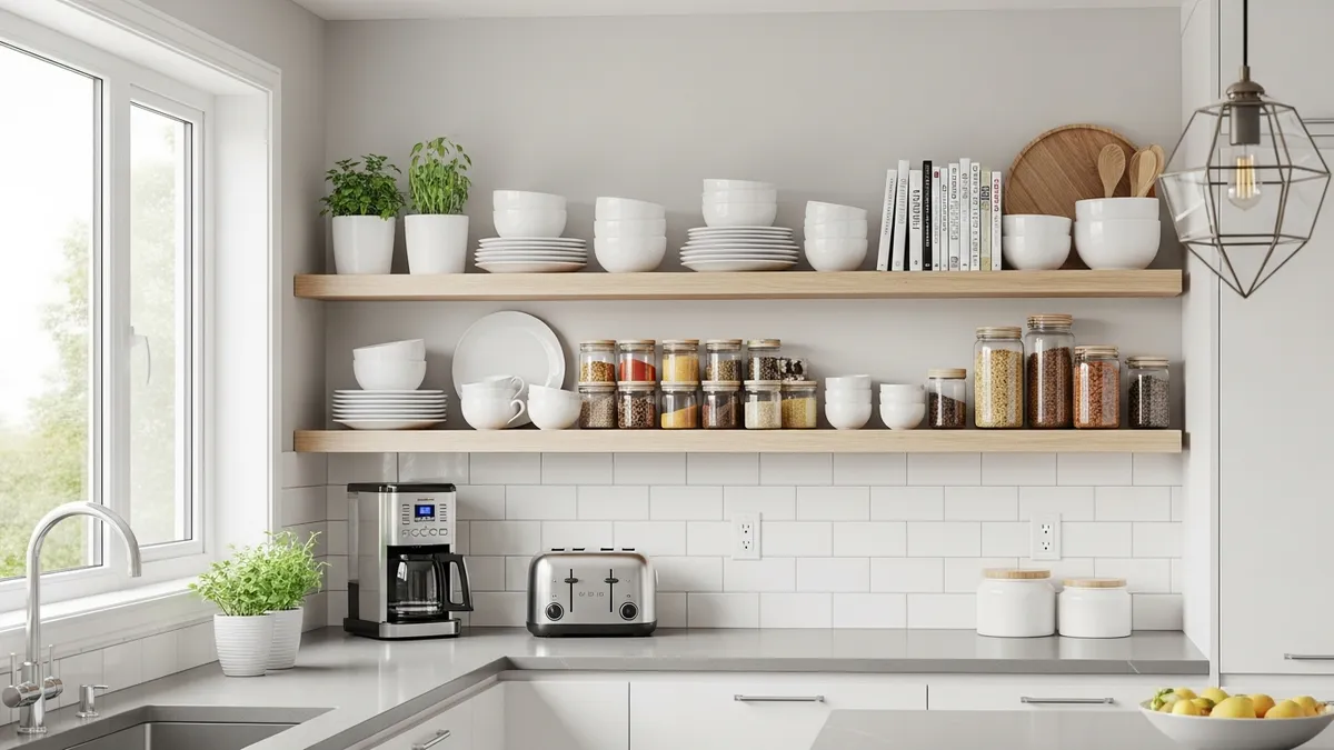 Kitchen wall shelves displaying organized storage solutions and shelf in wall ideas