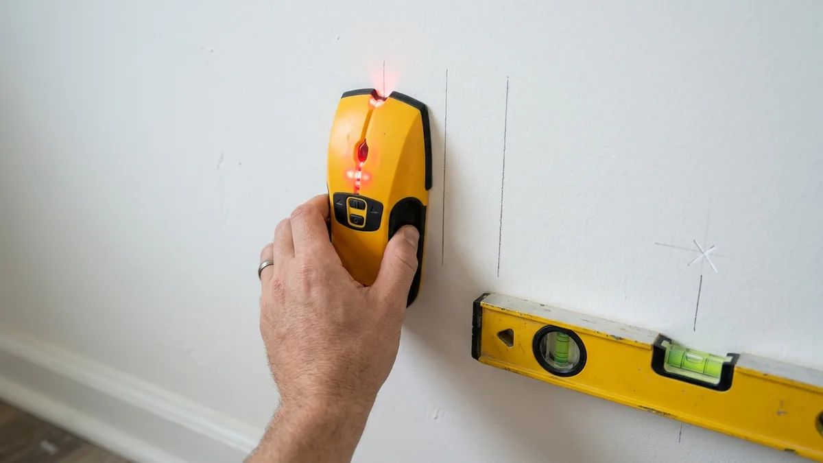 Stud finder and level tool used on white drywall wall before installing shelf brackets